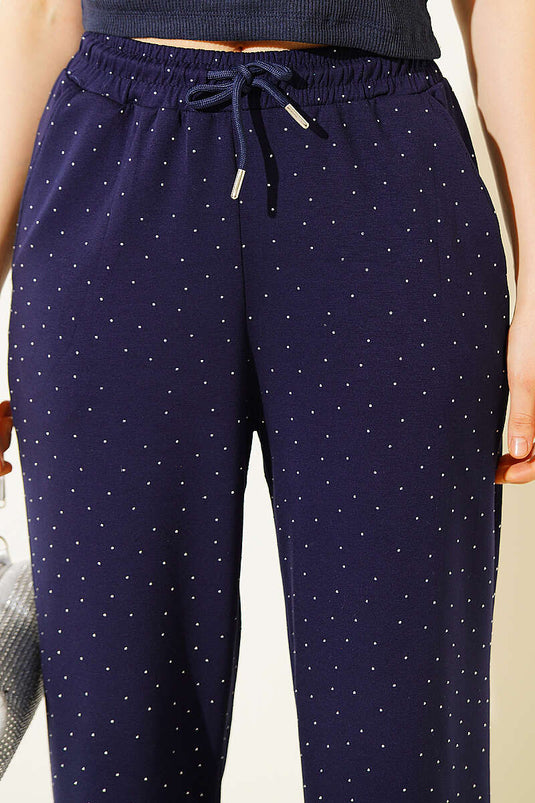 Loyşa Bel Lastikli Mini Taşlı Pantolon Lacivert