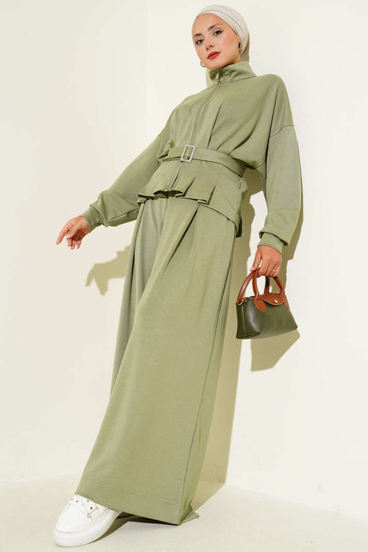 Traje De Dos Piezas Con Cinturón Y Pinzas En La Cintura De Loyşa, Verde Edad