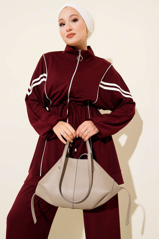 Loyşa Waist Tunnel Striped Two Piece Suit Burgundy