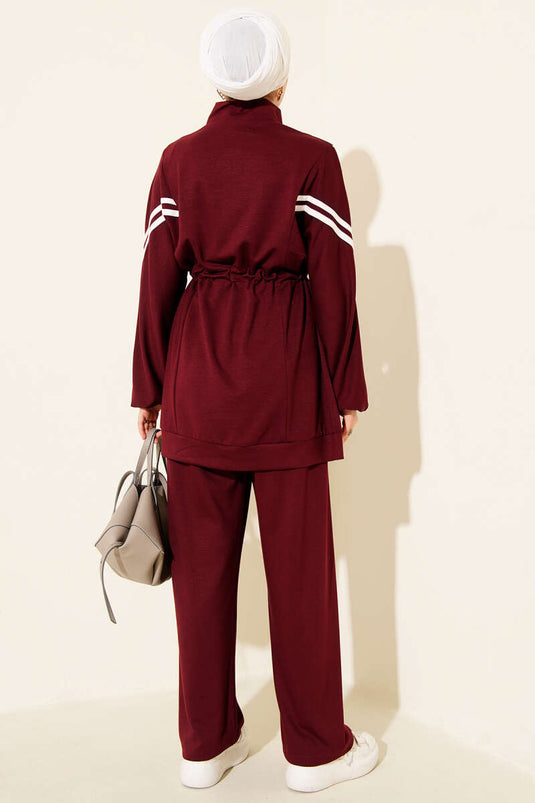 Loyşa Waist Tunnel Striped Two Piece Suit Burgundy