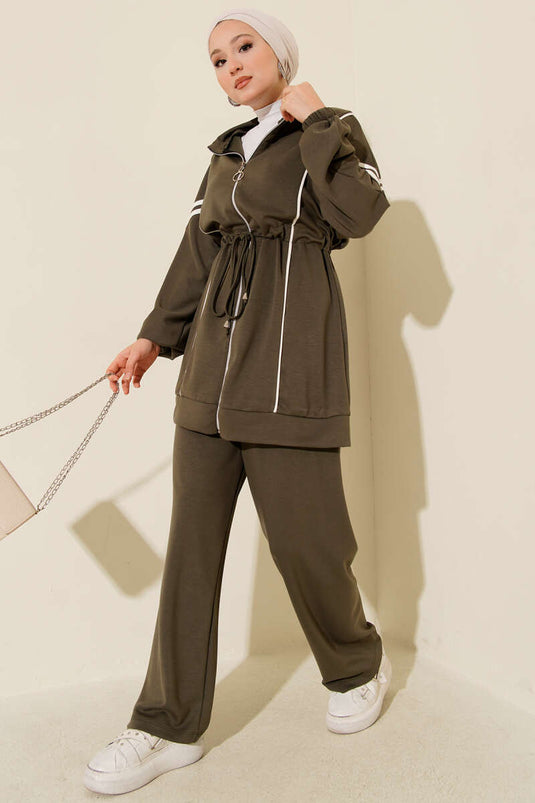 Loyşa Waist Tunnel Striped Two Piece Suit Khaki