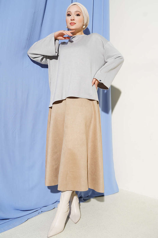 Loyşa Bilek Armalı Basic Bluz Gri