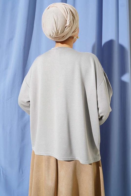 Loyşa Bilek Armalı Basic Bluz Gri