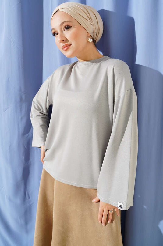 Loyşa Bilek Armalı Basic Bluz Gri