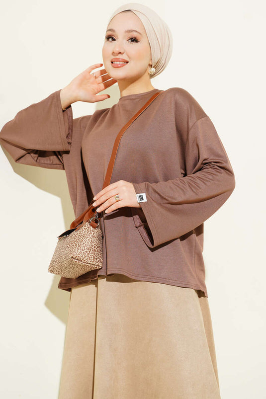 Loyşa Bilek Armalı Basic Bluz Kahve
