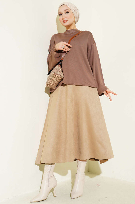 Loyşa Bilek Armalı Basic Bluz Kahve