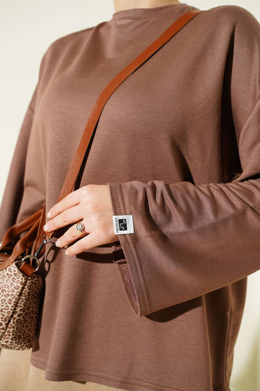 Loyşa Bilek Armalı Basic Bluz Kahve