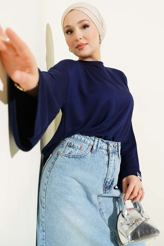 Loyşa Bilek Armalı Basic Bluz Lacivert