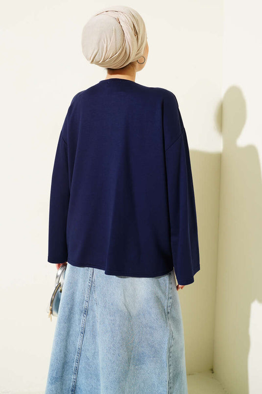 Loyşa Bilek Armalı Basic Bluz Lacivert