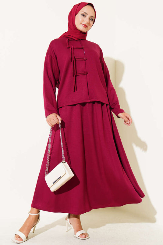 Loyşa Brit Buttoned Skirted Two Piece Suit Burgundy