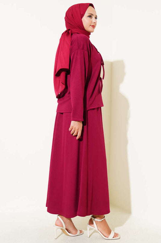 Loyşa Brit Buttoned Skirted Two Piece Suit Burgundy