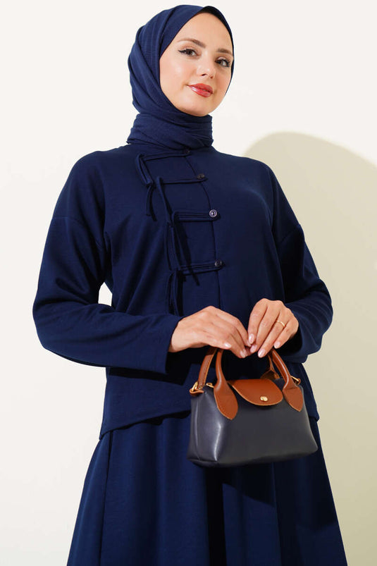 Loyşa Brit Buttoned Skirted Two Piece Suit Navy Blue