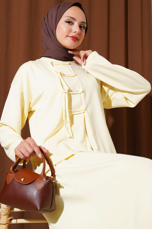 Loyşa Brit Geknoopt Tweedelig Pak met Rokje Geel