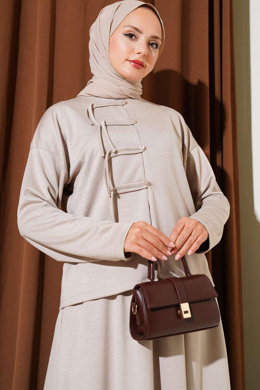 Loyşa Brit Düğmeli Etekli İkili Takım Taş