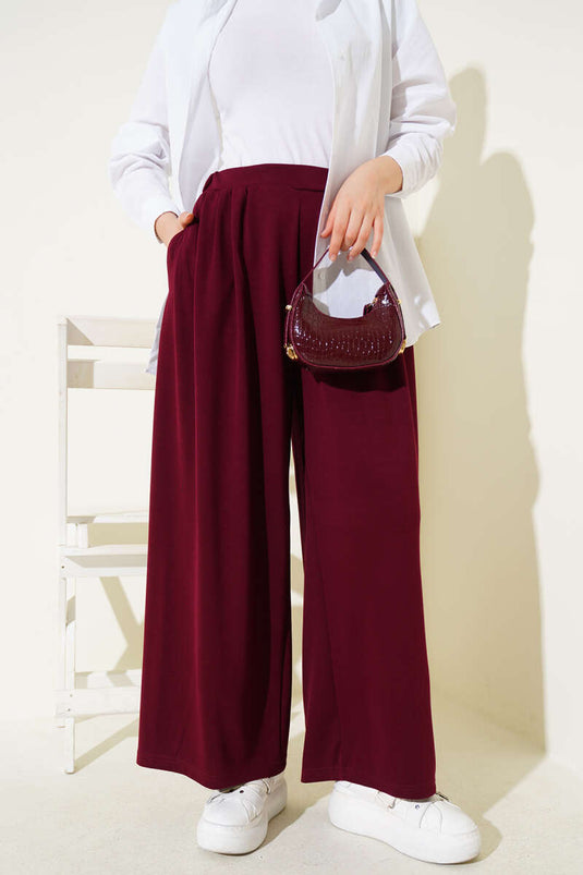 Loyşa Cepli Geniş Paça Pantolon Bordo