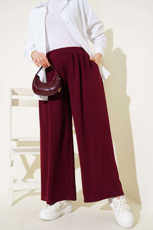 Loyşa Cepli Geniş Paça Pantolon Bordo