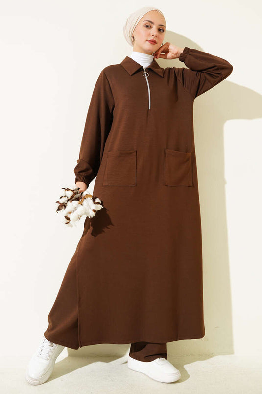 Loyşa Cepli Uzun Tunik İkili Takım Kahve