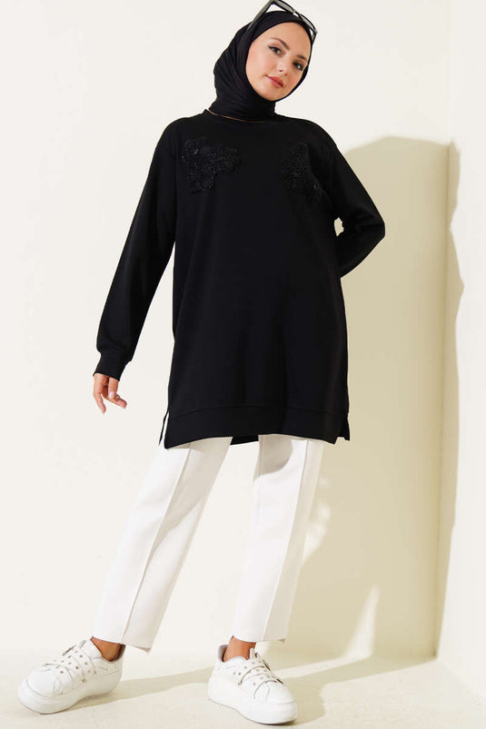 Loyşa Çiçekli Taşlı Tunik Siyah