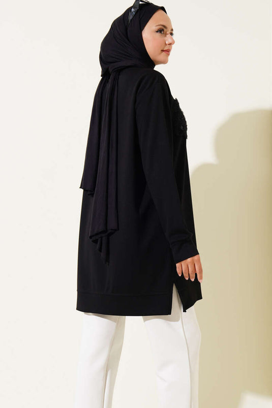 Loyşa Çiçekli Taşlı Tunik Siyah