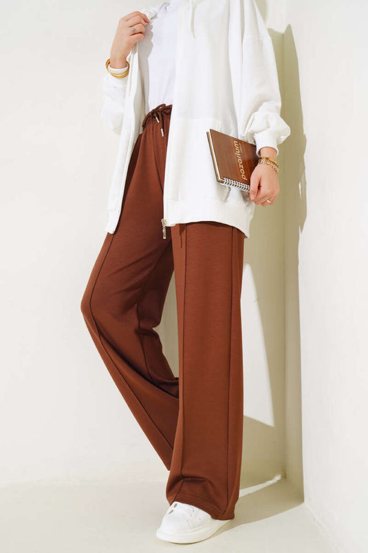 Wide Leg Trousers with Side Slit Brown