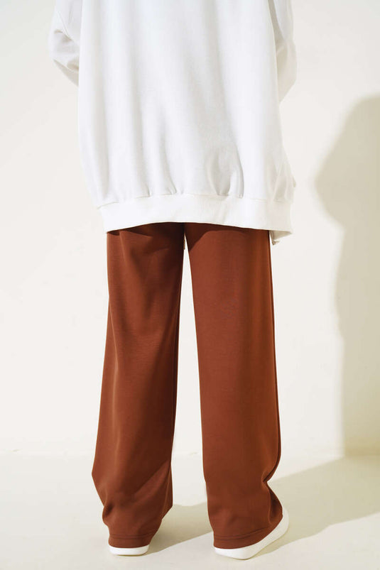 Wide Leg Trousers with Side Slit Brown