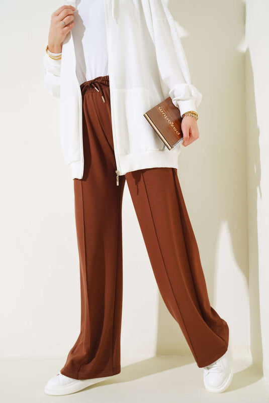 Wide Leg Trousers with Side Slit Brown