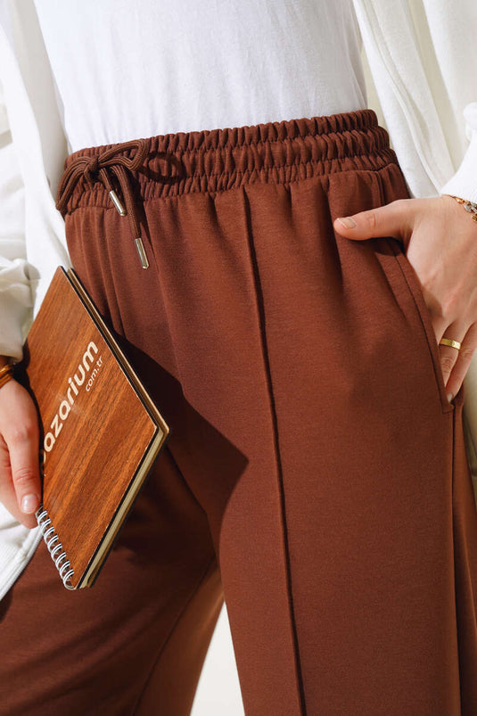 Wide Leg Trousers with Side Slit Brown