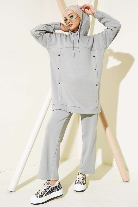Loyşa Çıtçıt Süslemeli Kapüşonlu İkili Takım Gri