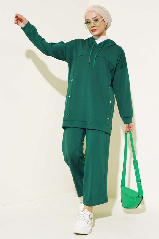 Loyşa Snap-Decorated Hooded Two-Piece Set Green