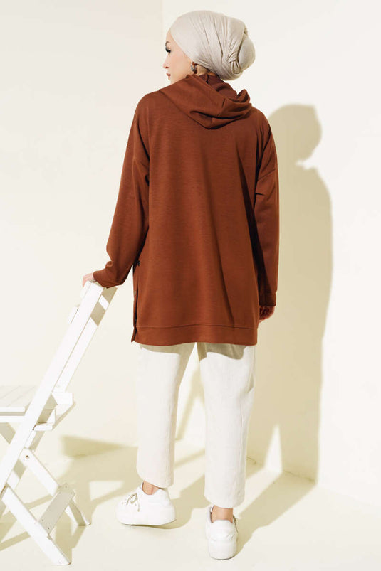 Loyşa Çıtçıtlı Kanguru Cepli Tunik Kahve