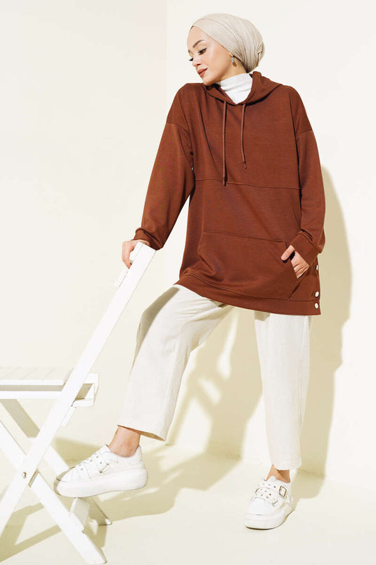 Loyşa Snap Button Kangaroo Pocket Tunic Brown