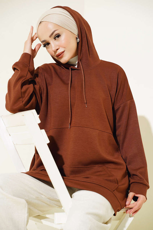 Loyşa Snap Button Kangaroo Pocket Tunic Brown