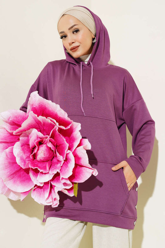 Magenta Snap Fastener Kangaroo Pocket Tunic