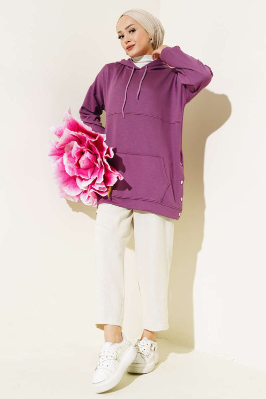 Magenta Snap Fastener Kangaroo Pocket Tunic