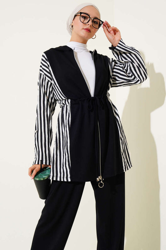 Loyşa Gestreepte Garnish Taille Tunnel Tweedelige Set Zwart