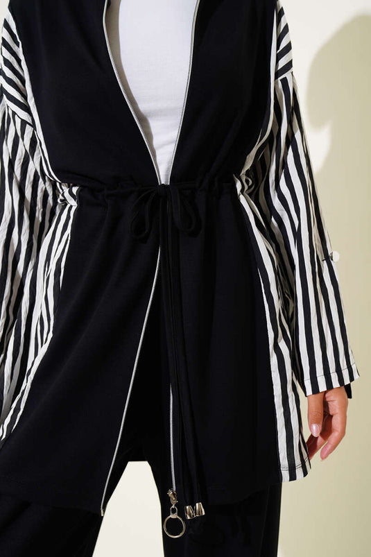 Loyşa Gestreepte Garnish Taille Tunnel Tweedelige Set Zwart