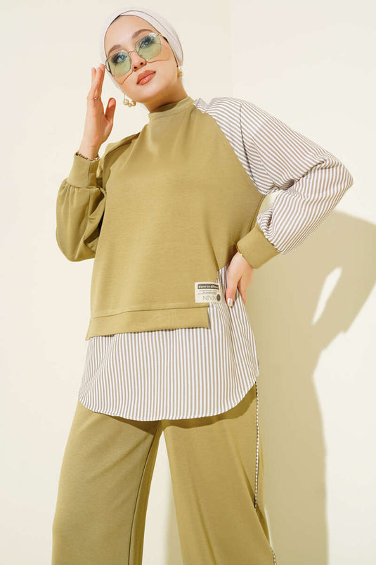 Loyşa Striped Fringed Tunic Two-Piece Set in Çağla Green