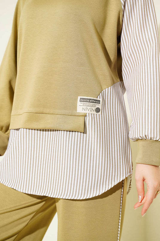 Loyşa Striped Fringed Tunic Two-Piece Set in Çağla Green