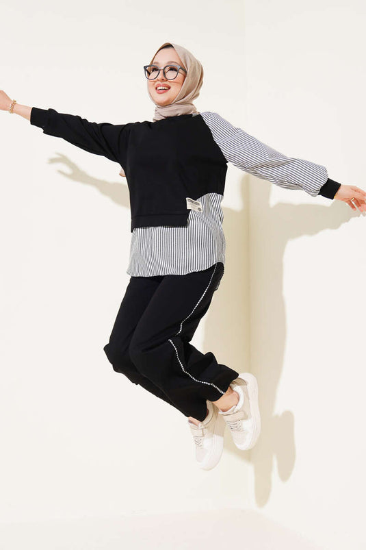 Loysha Gestreifte Garnish Tunika Zweiteiliges Set Schwarz