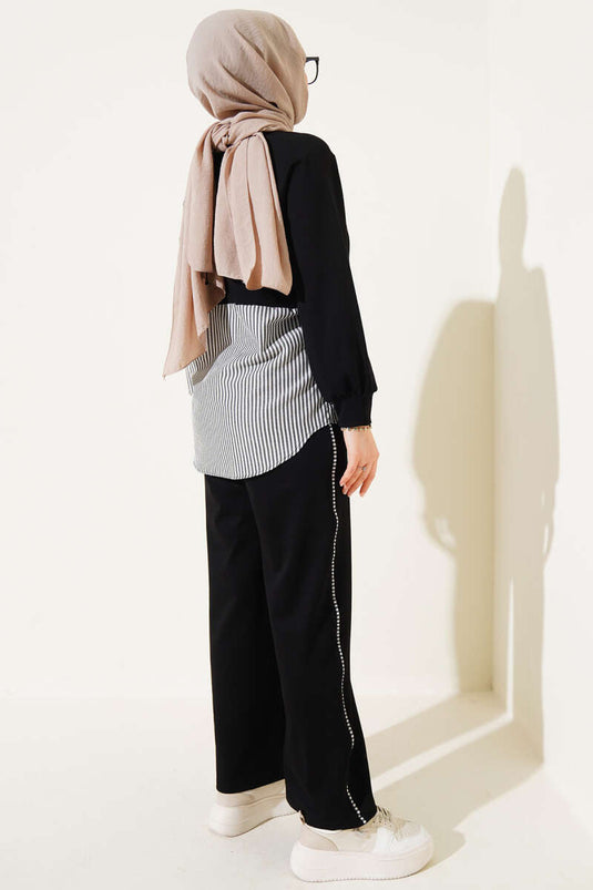 Loysha Gestreifte Garnish Tunika Zweiteiliges Set Schwarz