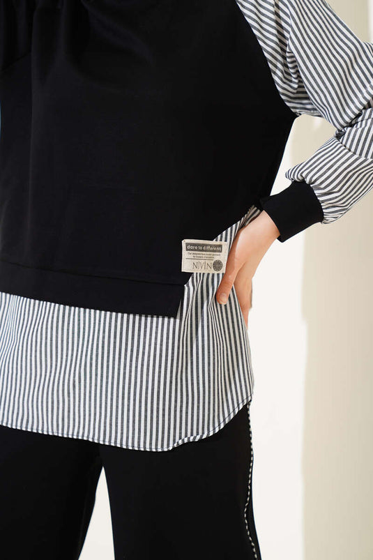 Loysha Gestreifte Garnish Tunika Zweiteiliges Set Schwarz