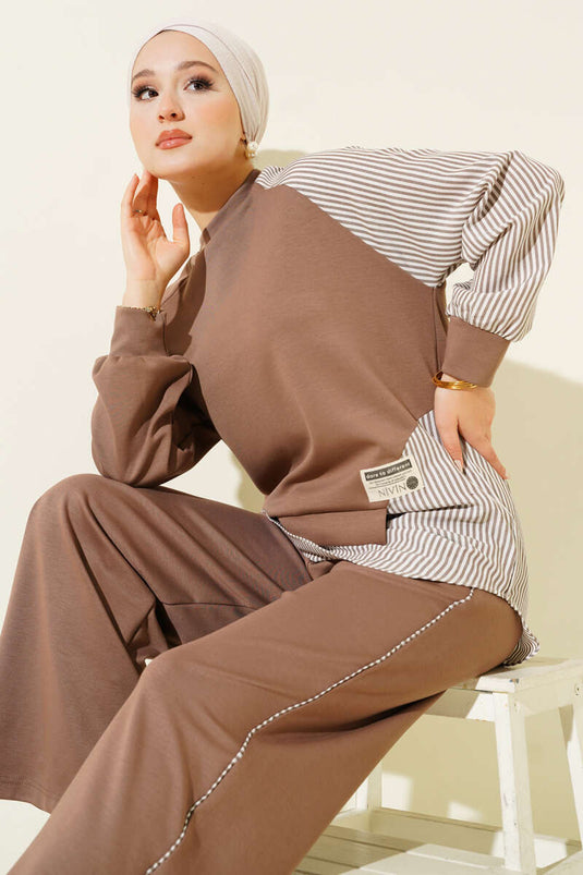 Loyşa Striped Embellished Tunic Two-Piece Set Mink