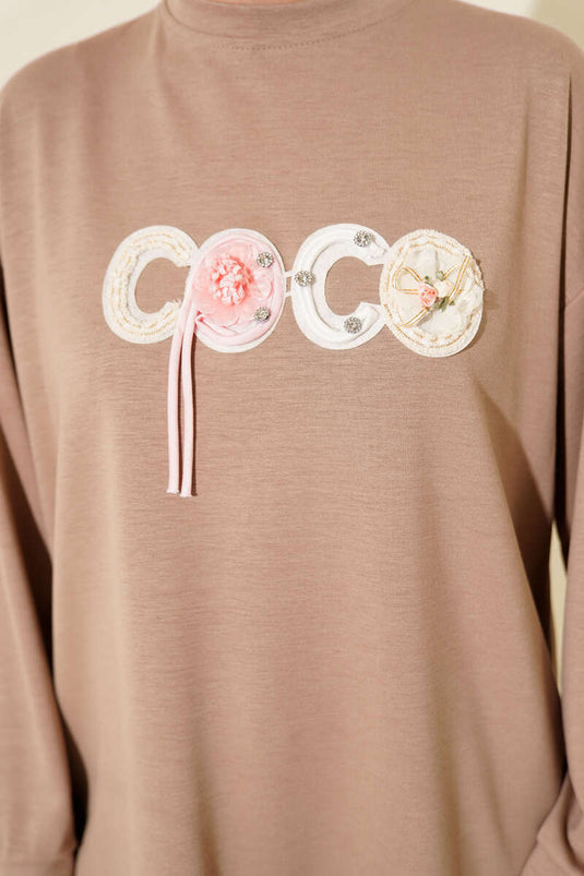 Loyşa Coco Text Decorated Tunic Beige