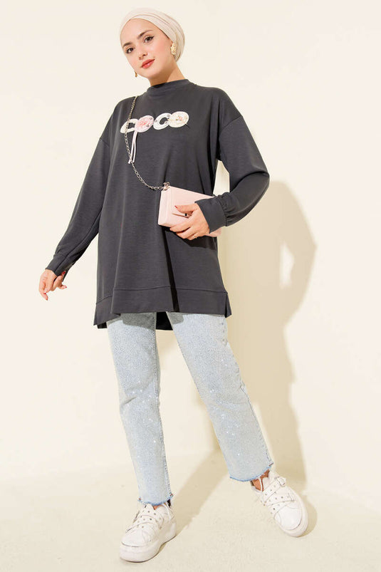 Loyşa Coco Text Decorated Tunic Smoke Color