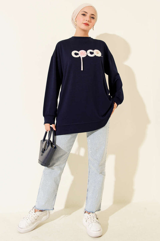 Loyşa Coco Text Decorated Tunic Navy Blue