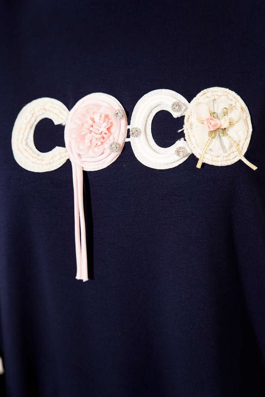 Loyşa Coco Text Decorated Tunic Navy Blue