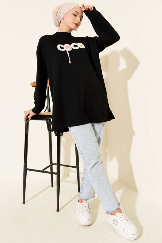 Loyşa Coco Text Decorated Tunic Black