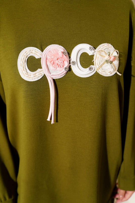 Loyşa Coco Text Decorated Tunic Oil Green