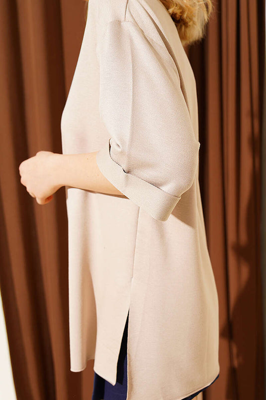 Loyşa Double Sleeve Slit T-shirt Beige