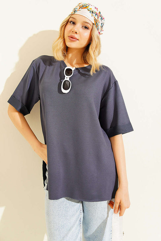 Loyşa Duble Kol Yırtmaçlı T-shirt Füme